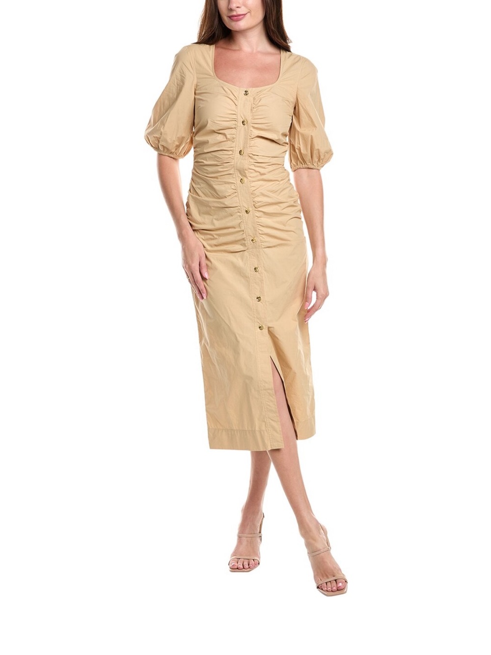 NWT Ganni Beige Ruched Button-Front Midi Dress 34